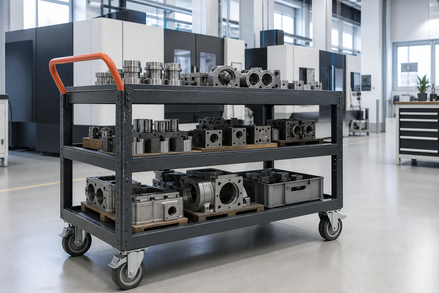 Representative industrial cart carrying machined components in a modern factory
