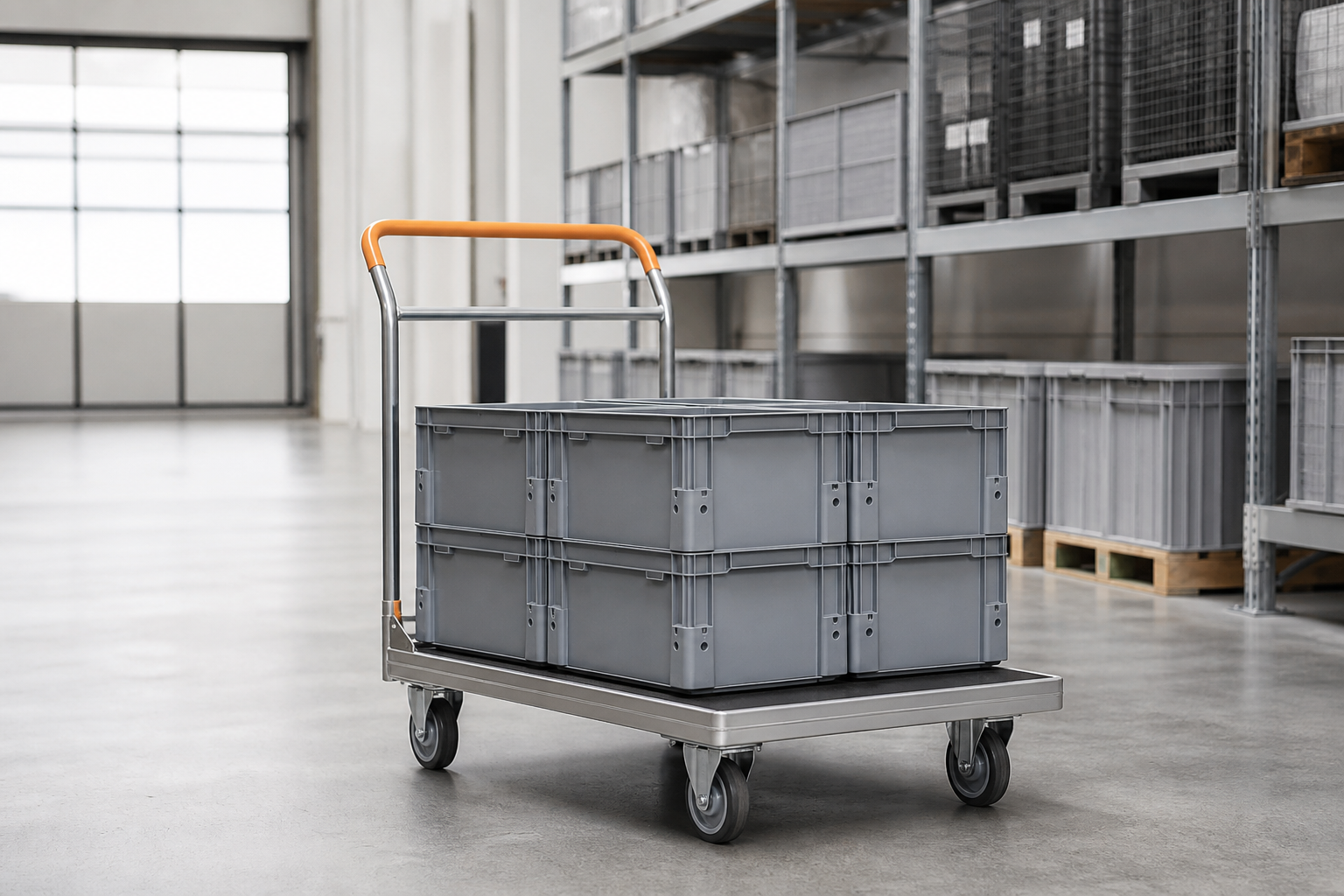 Representative material handling trolley carrying reusable containers in a warehouse